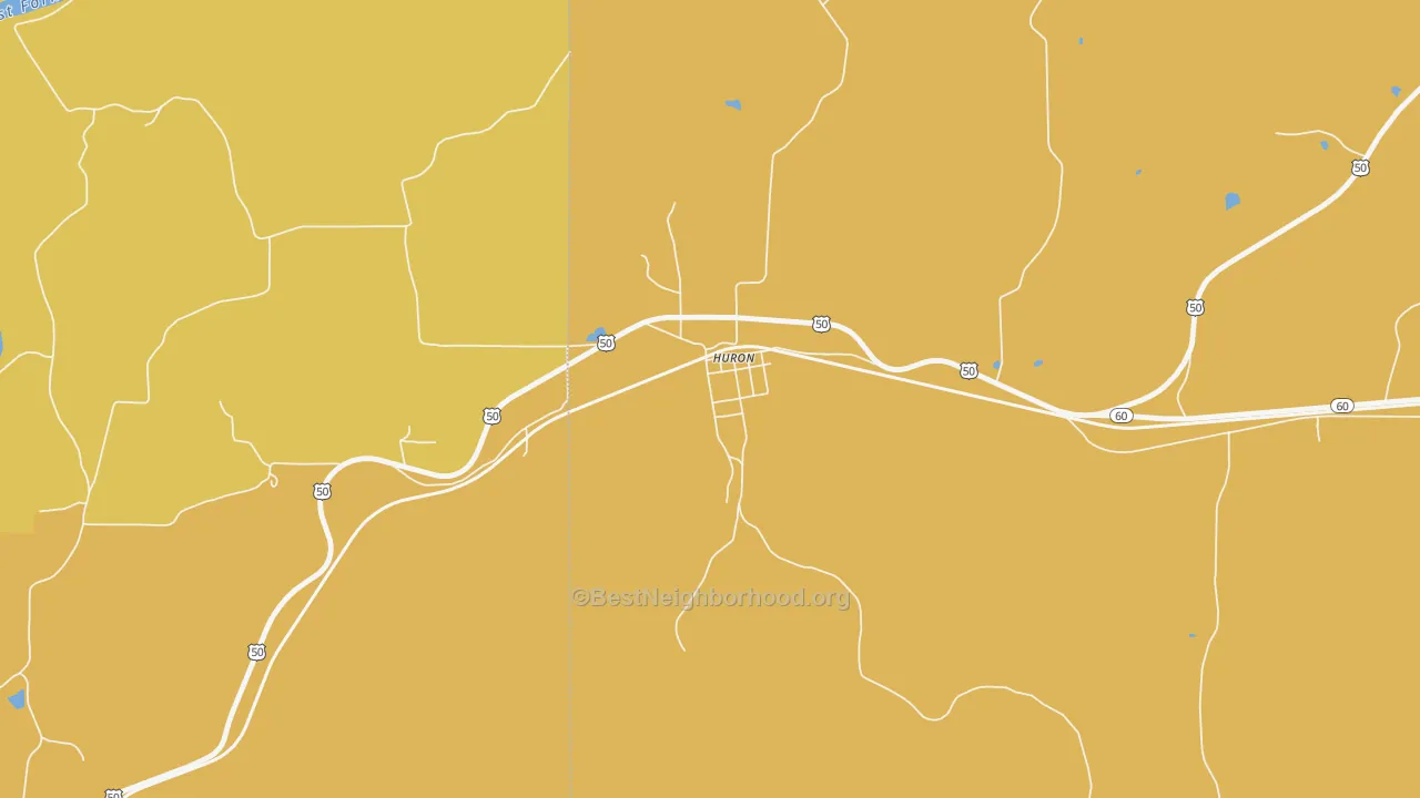 Map of the best neighborhoods in the 47437 area, with better matches in green and worse matches in red