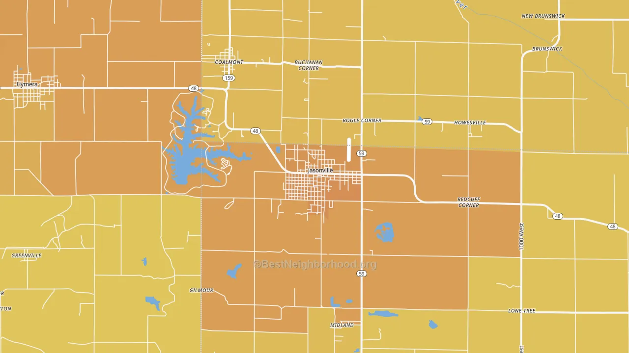 Map of the best neighborhoods in the 47438 area, with better matches in green and worse matches in red