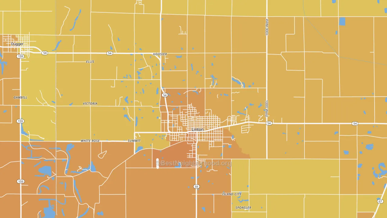 Map of the best neighborhoods in the 47441 area, with better matches in green and worse matches in red