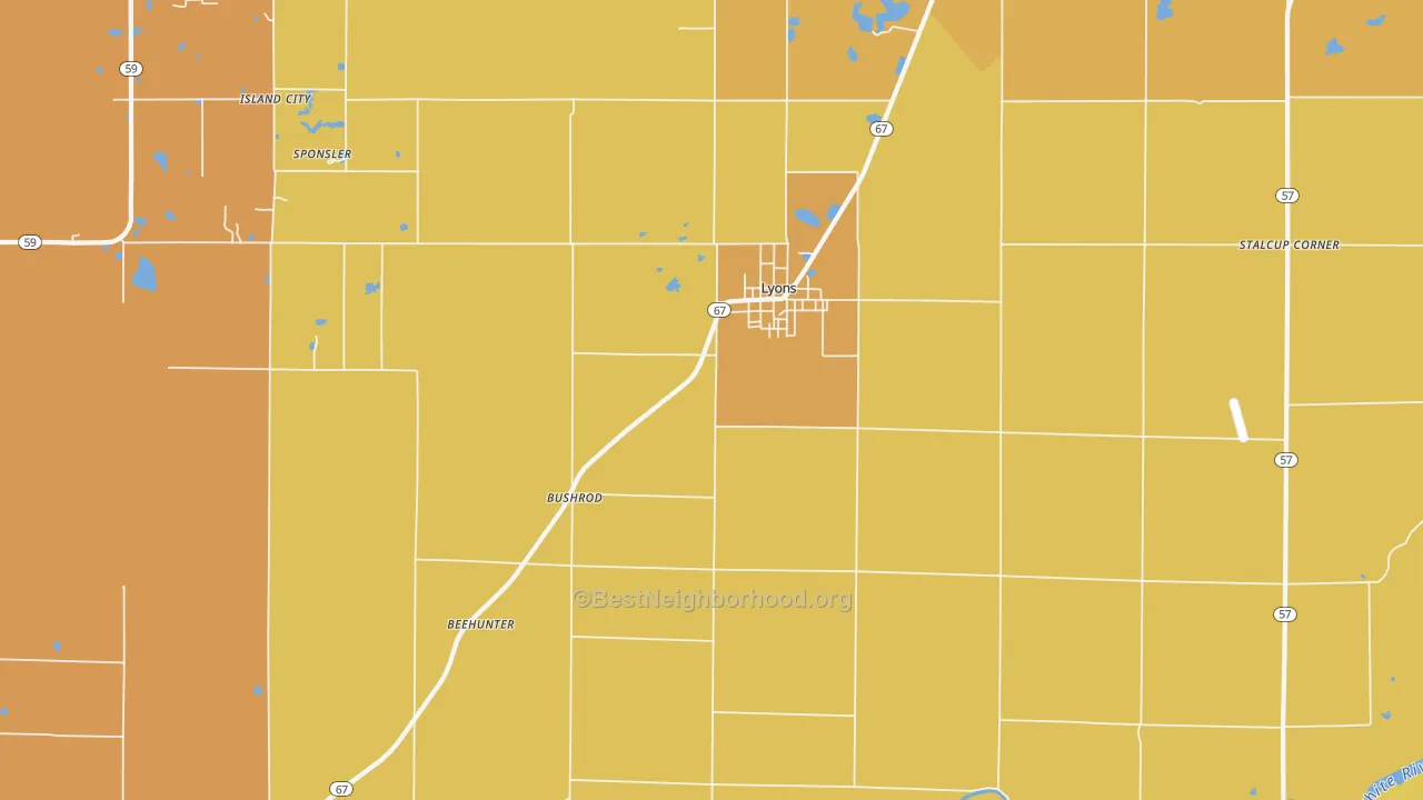 Map of the best neighborhoods in the 47443 area, with better matches in green and worse matches in red