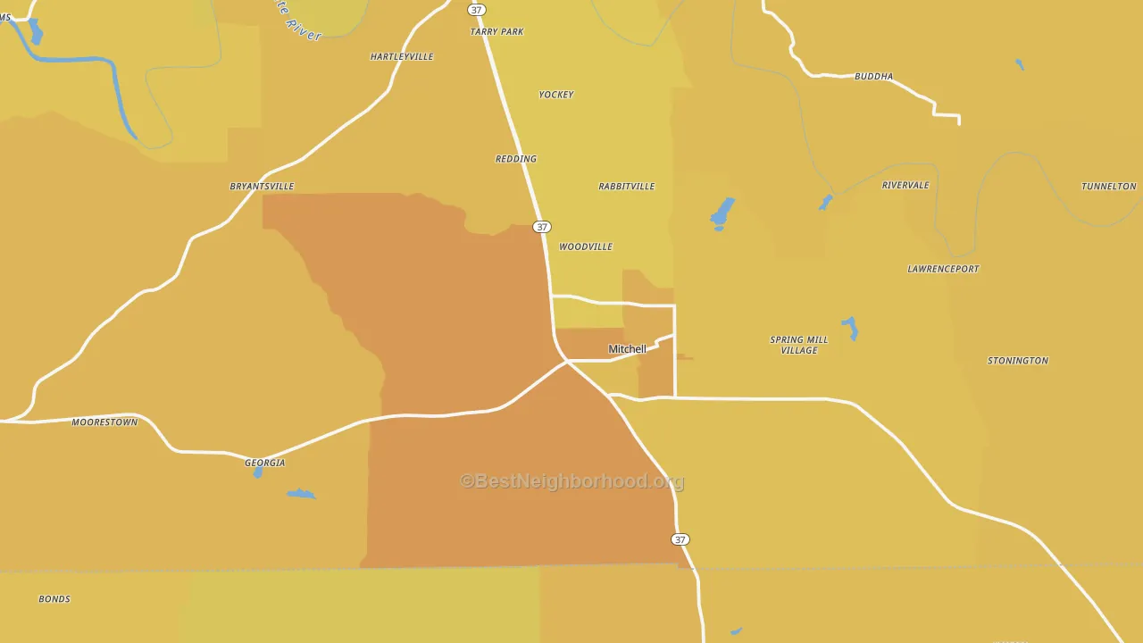 Map of the best neighborhoods in the 47446 area, with better matches in green and worse matches in red
