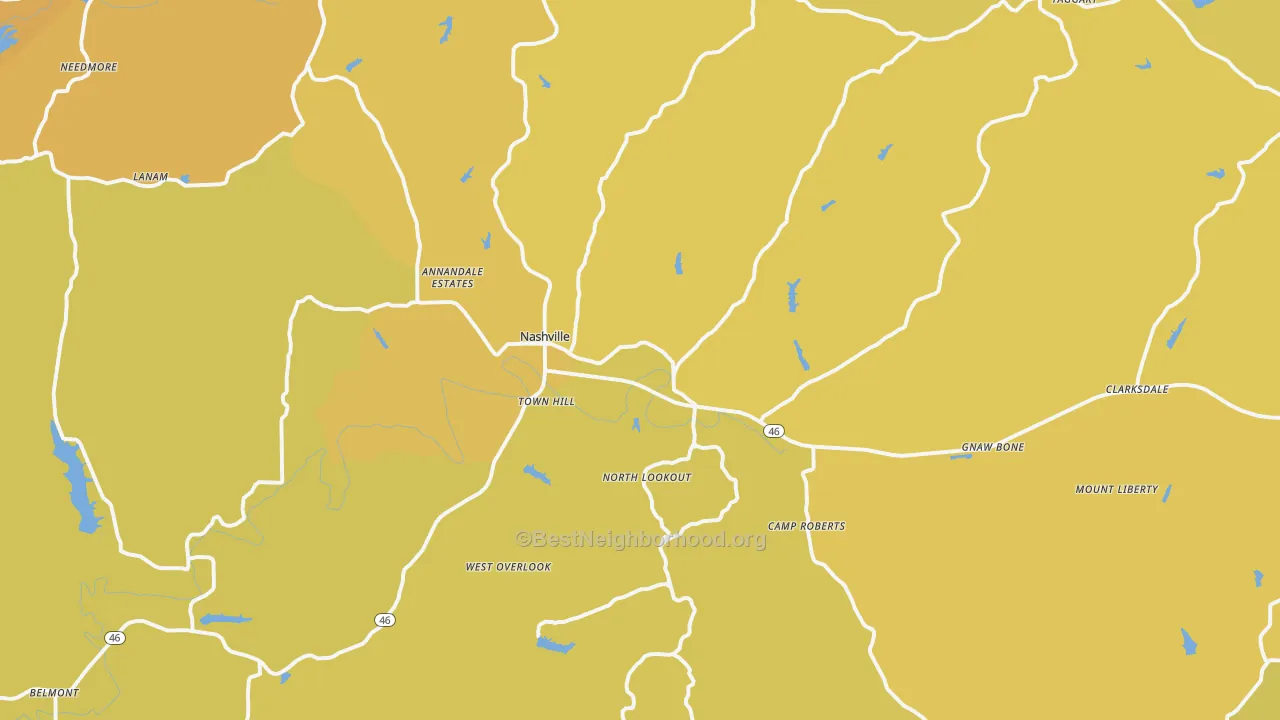 Map of the best neighborhoods in the 47448 area, with better matches in green and worse matches in red