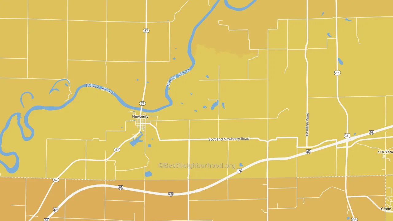 Map of the best neighborhoods in the 47449 area, with better matches in green and worse matches in red