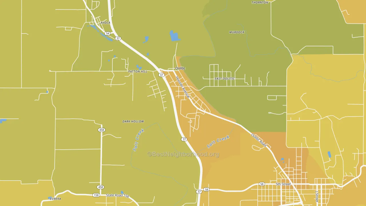 Map of the best neighborhoods in the 47451 area, with better matches in green and worse matches in red