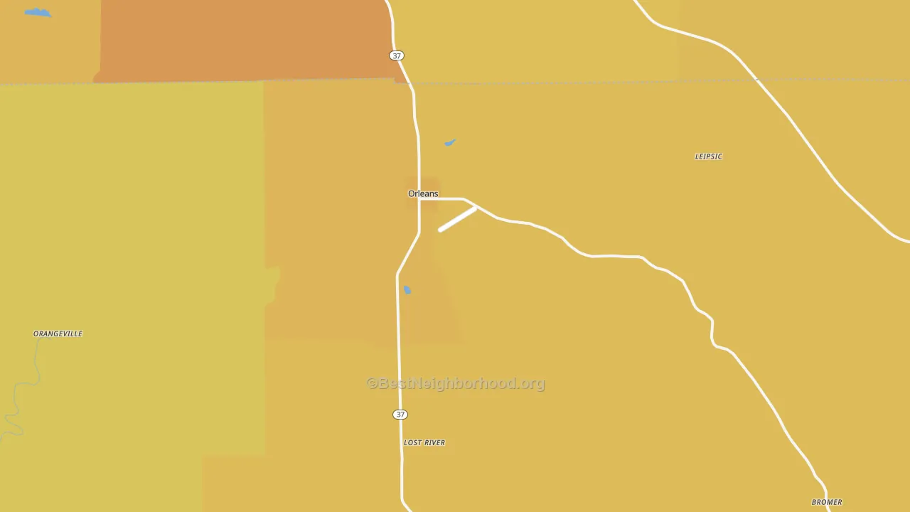 Map of the best neighborhoods in the 47452 area, with better matches in green and worse matches in red
