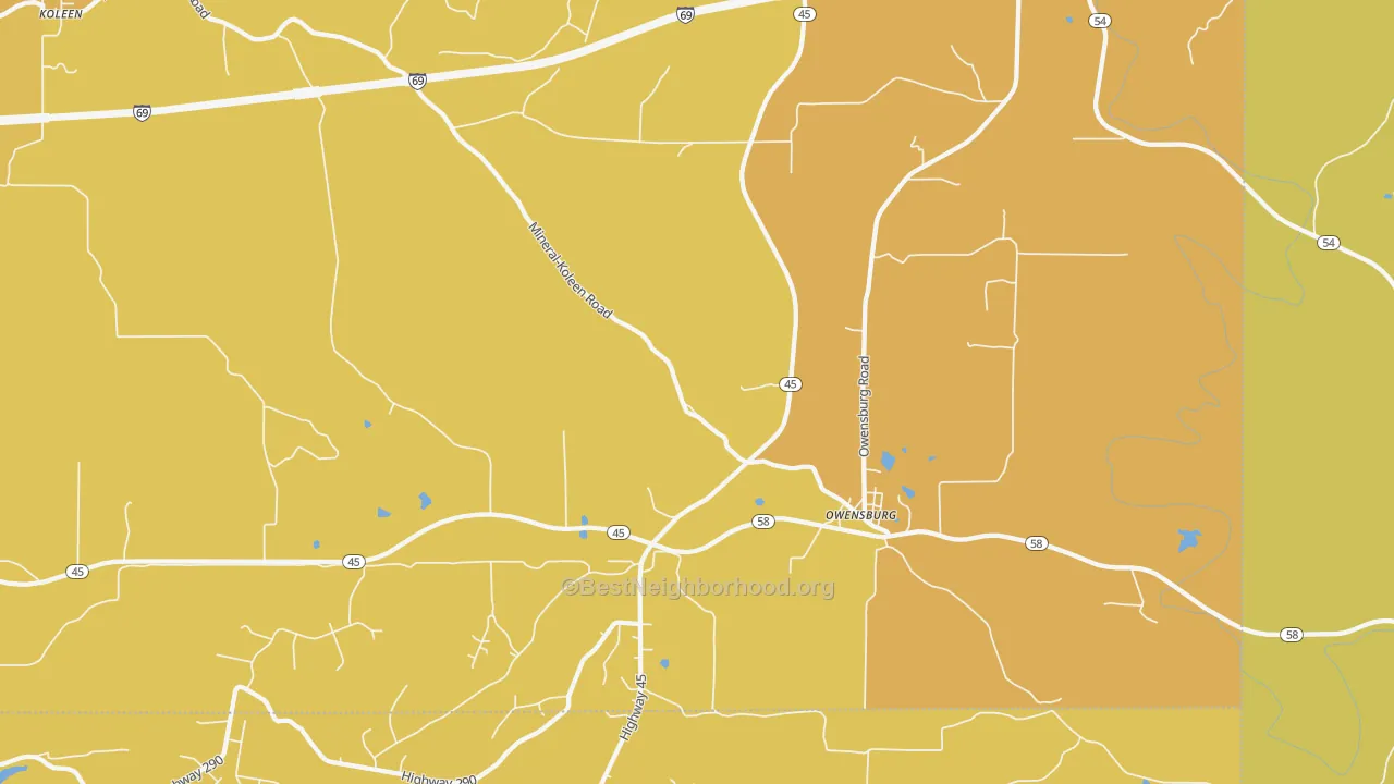 Map of the best neighborhoods in the 47453 area, with better matches in green and worse matches in red