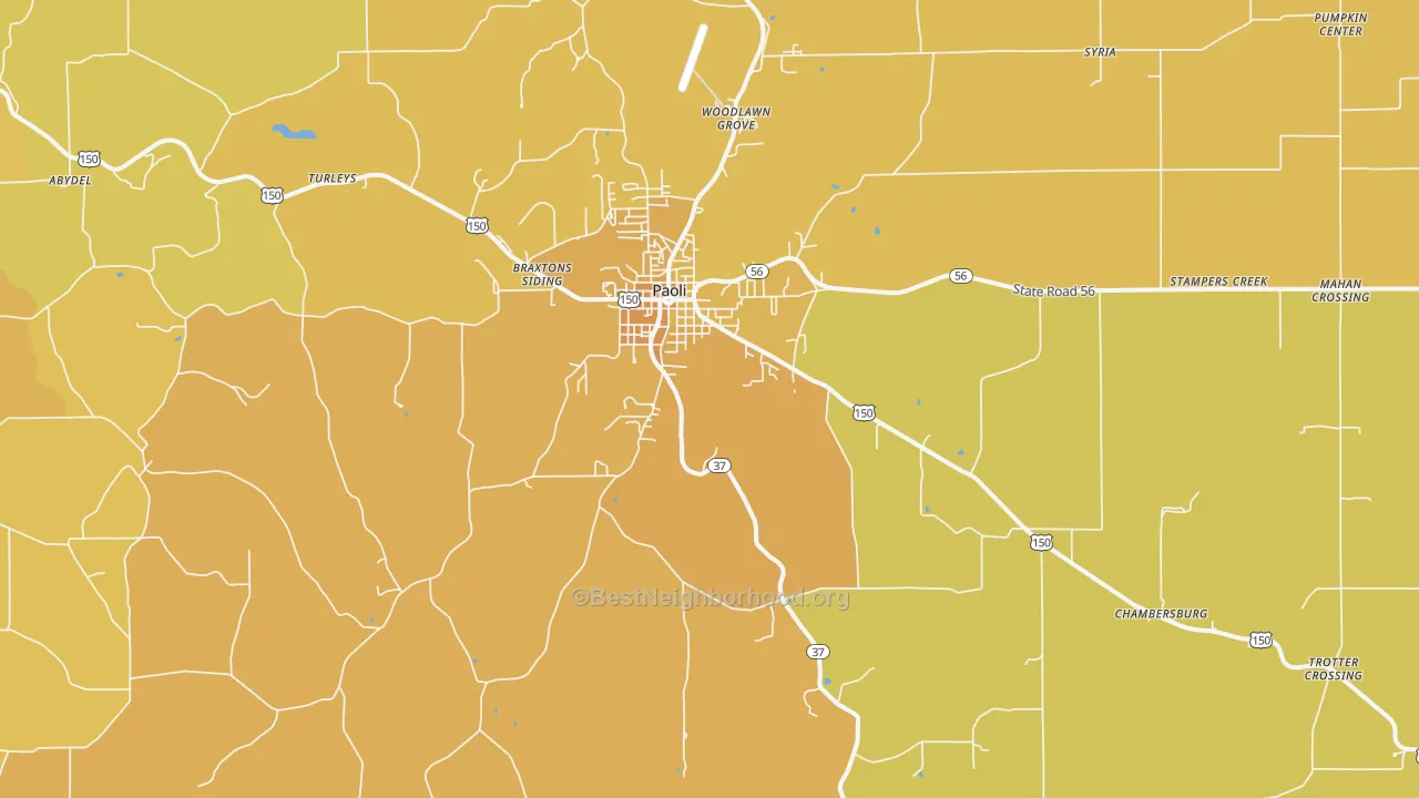 Map of the best neighborhoods in the 47454 area, with better matches in green and worse matches in red