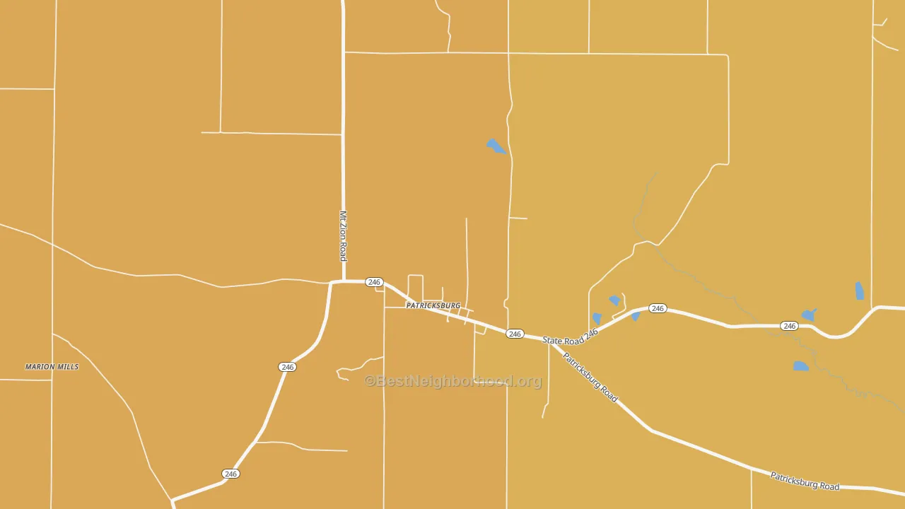 Map of the best neighborhoods in the 47455 area, with better matches in green and worse matches in red