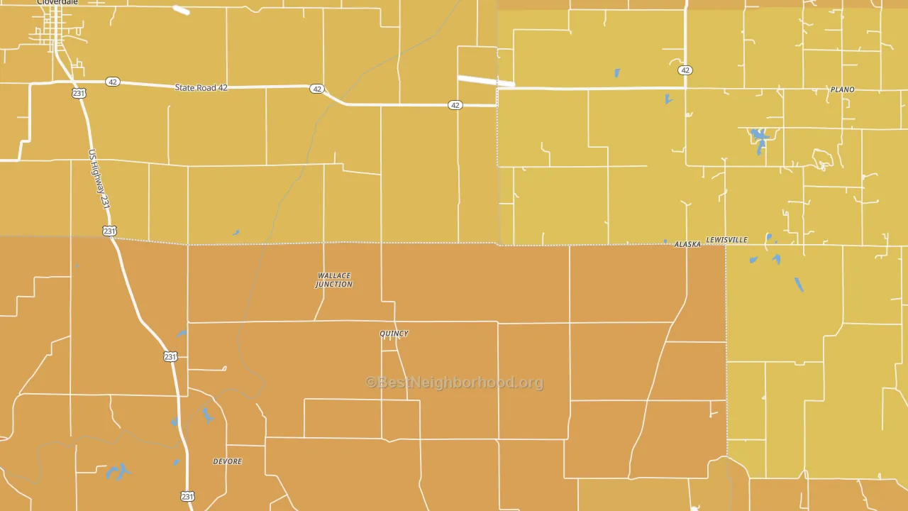 Map of the best neighborhoods in the 47456 area, with better matches in green and worse matches in red