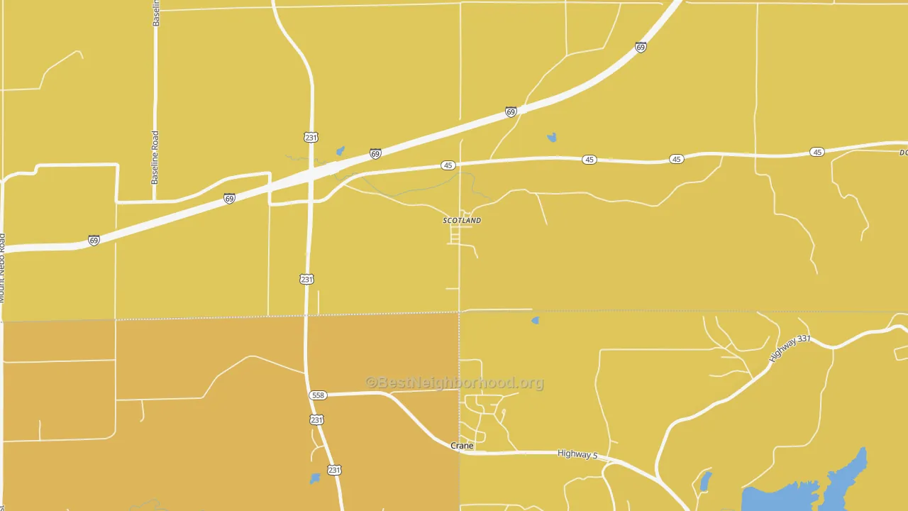Map of the best neighborhoods in the 47457 area, with better matches in green and worse matches in red