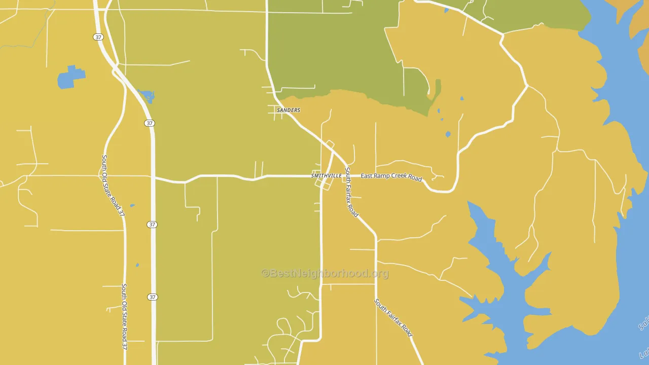 Map of the best neighborhoods in the 47458 area, with better matches in green and worse matches in red