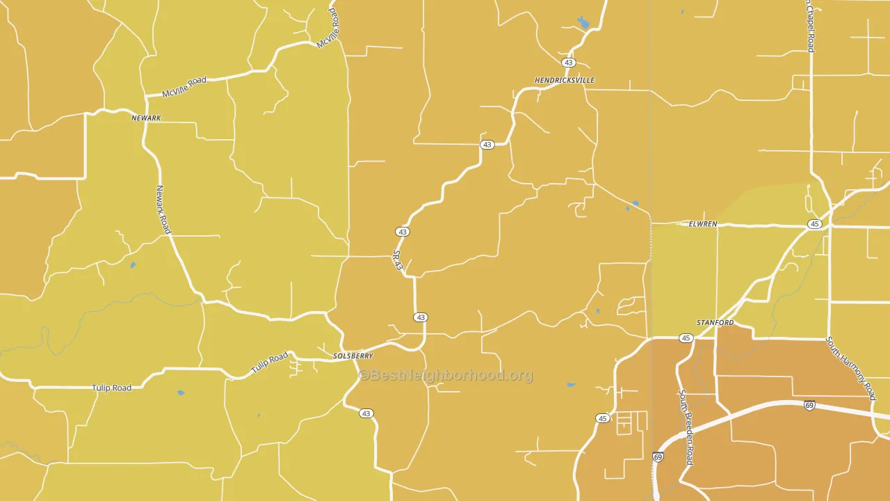 Map of the best neighborhoods in the 47459 area, with better matches in green and worse matches in red