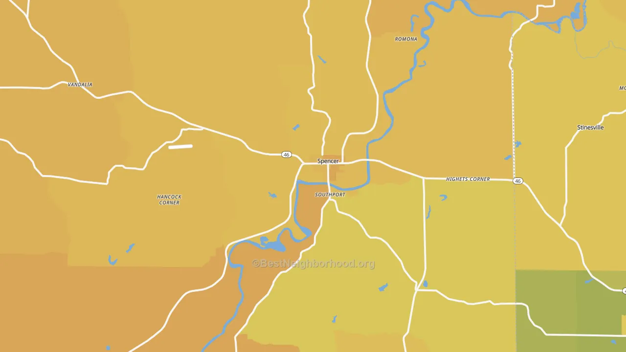 Map of the best neighborhoods in the 47460 area, with better matches in green and worse matches in red