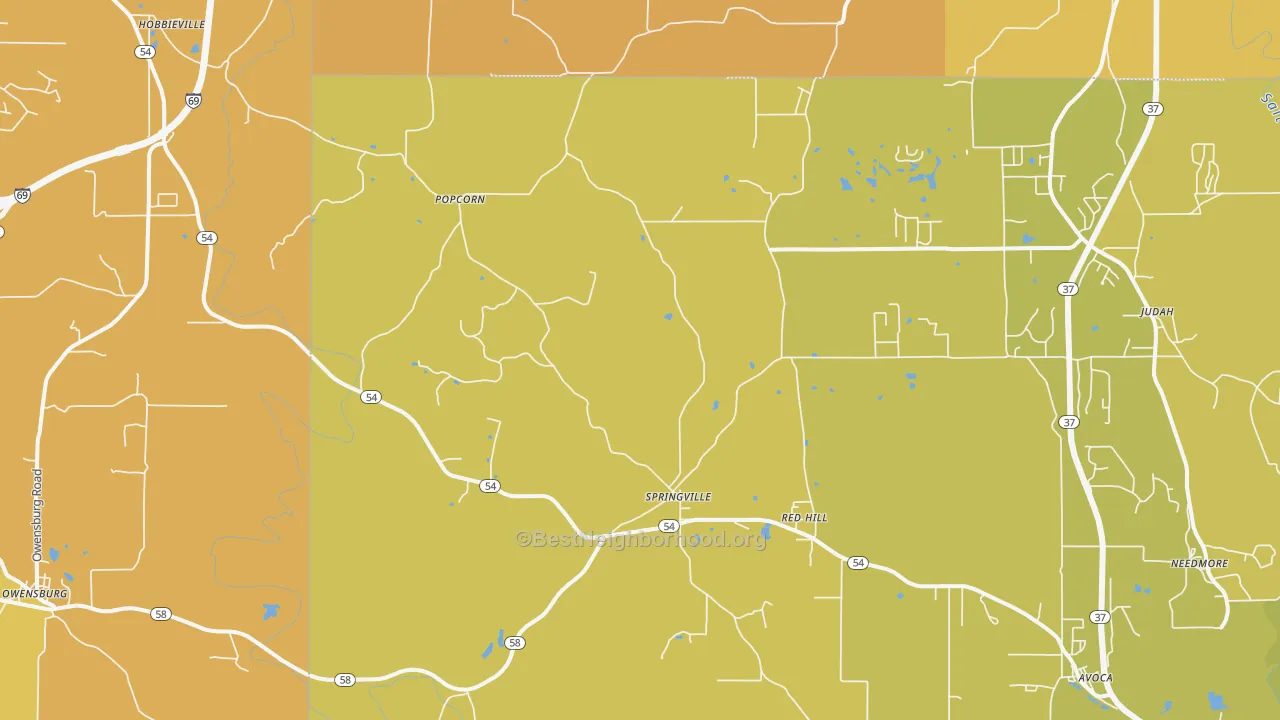 Map of the best neighborhoods in the 47462 area, with better matches in green and worse matches in red