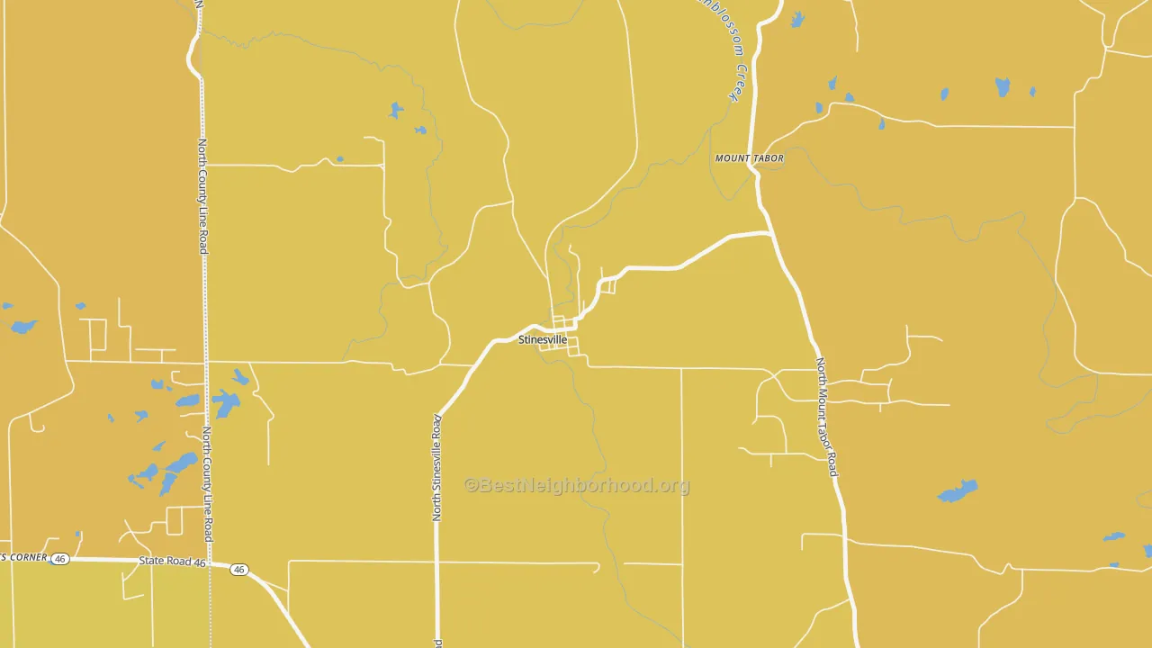 Map of the best neighborhoods in the 47464 area, with better matches in green and worse matches in red