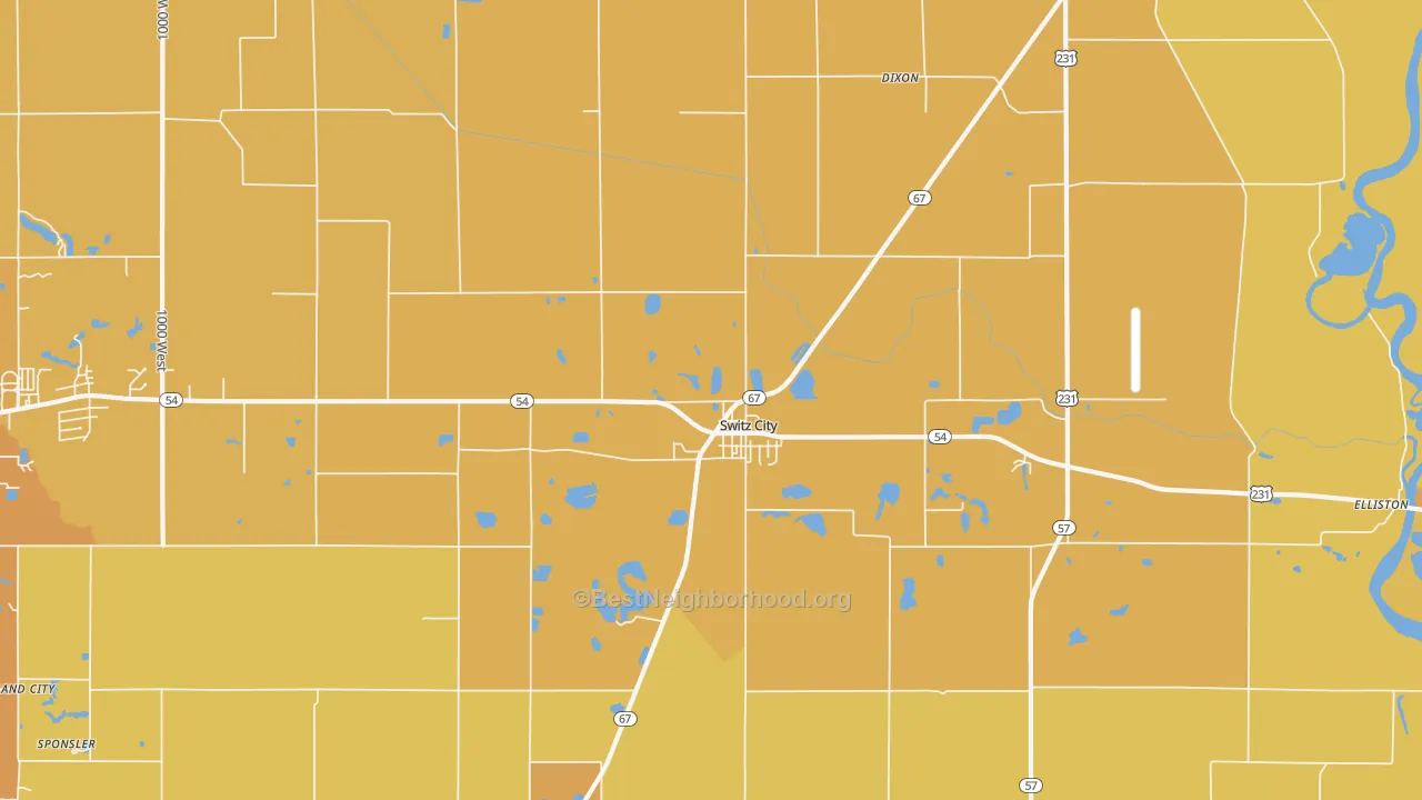 Map of the best neighborhoods in the 47465 area, with better matches in green and worse matches in red