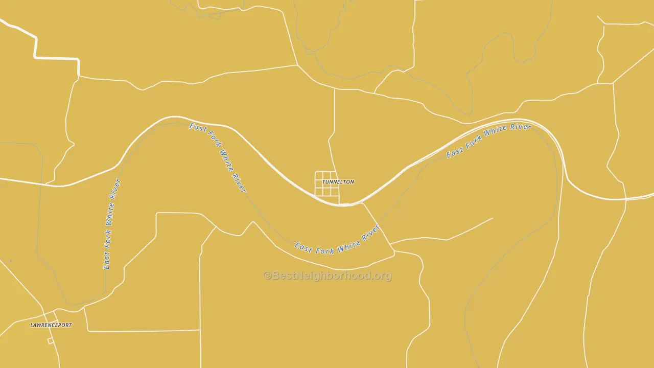 Map of the best neighborhoods in the 47467 area, with better matches in green and worse matches in red