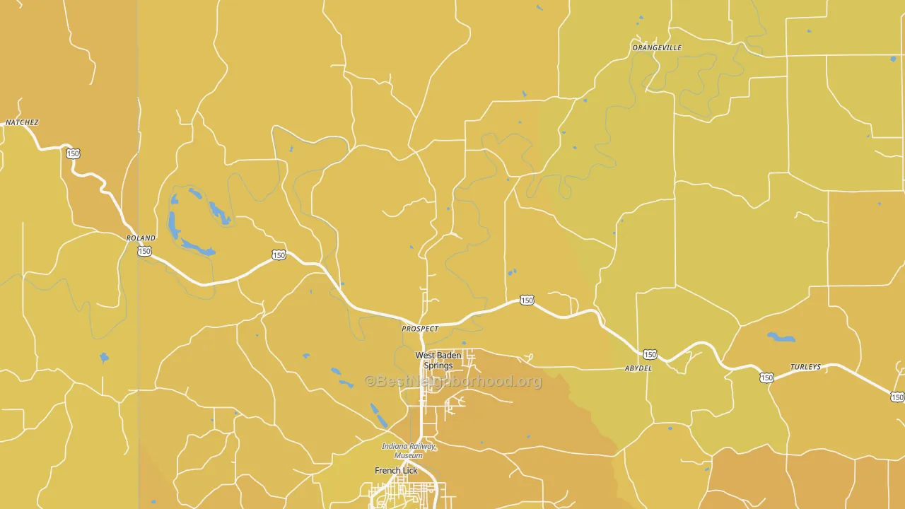 Map of the best neighborhoods in the 47469 area, with better matches in green and worse matches in red