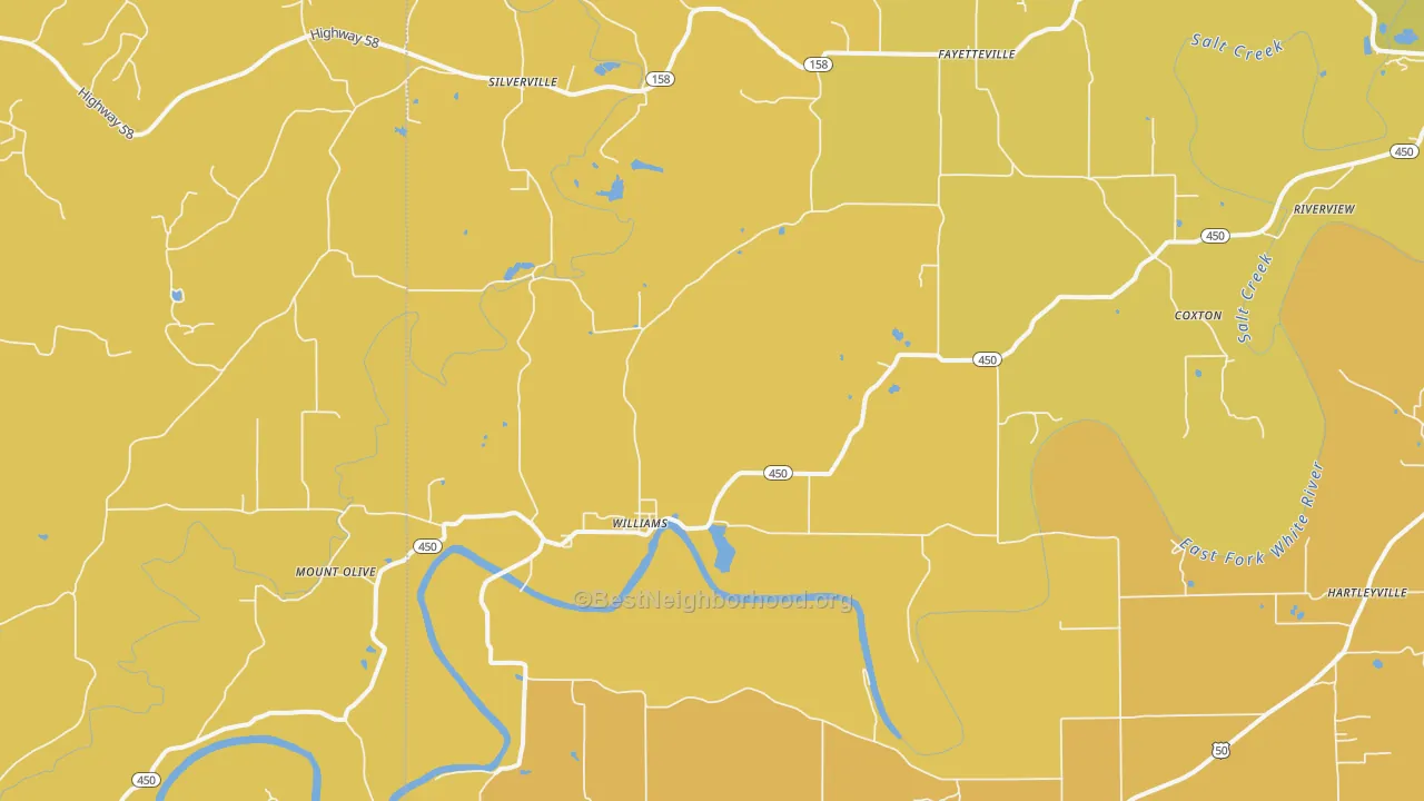 Map of the best neighborhoods in the 47470 area, with better matches in green and worse matches in red