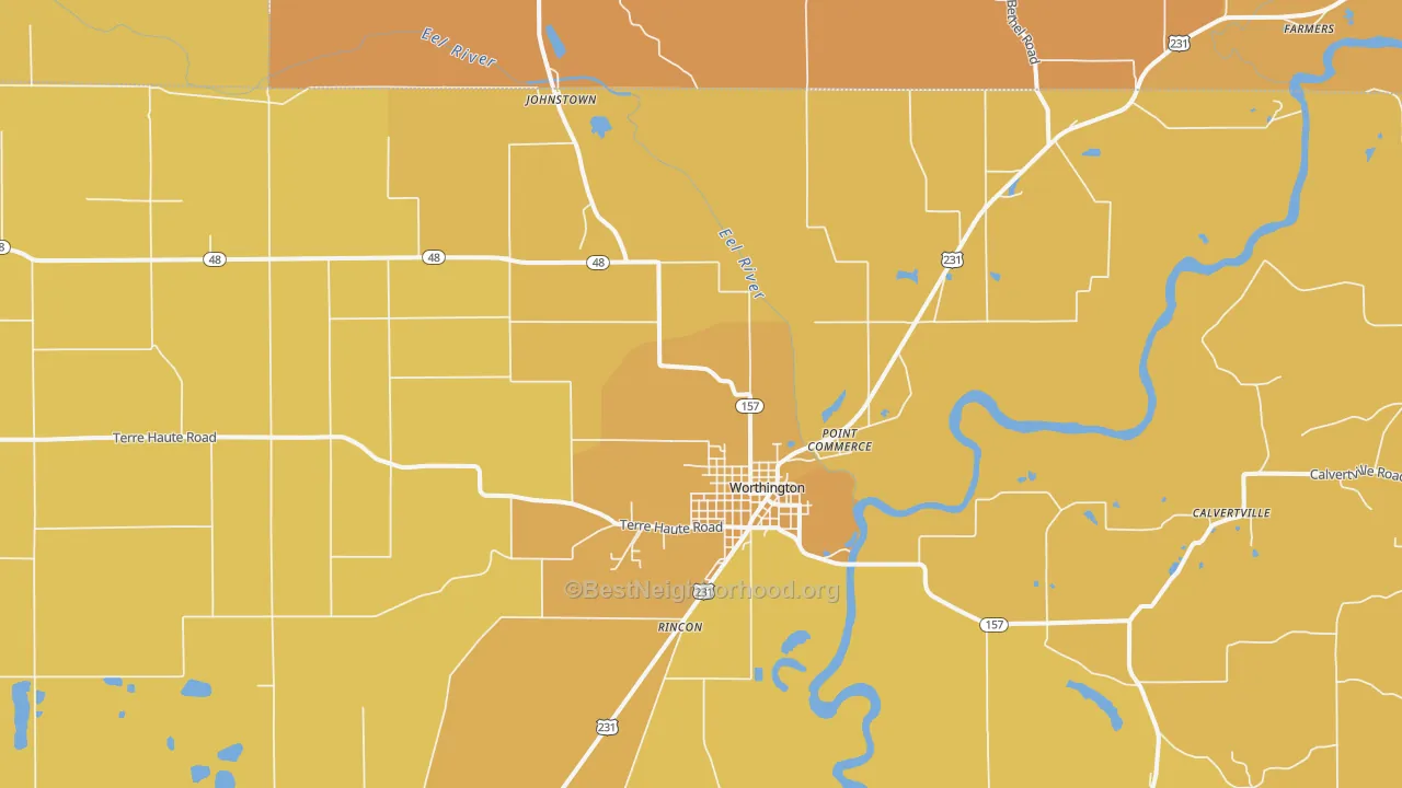 Map of the best neighborhoods in the 47471 area, with better matches in green and worse matches in red