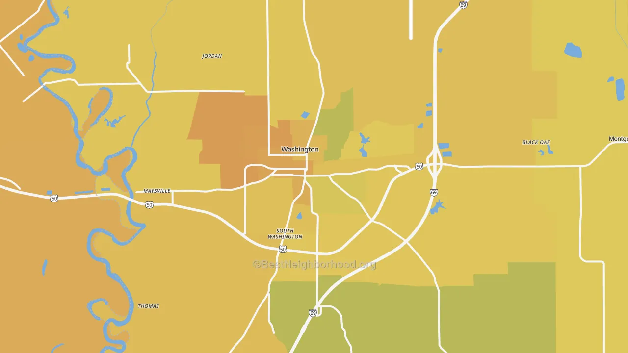 Map of the best neighborhoods in the 47501 area, with better matches in green and worse matches in red
