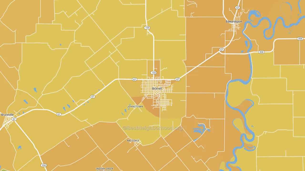 Map of the best neighborhoods in the 47512 area, with better matches in green and worse matches in red