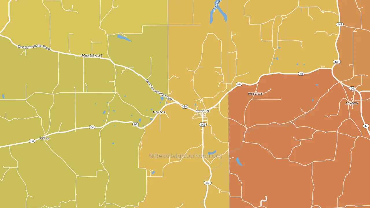 Map of the best neighborhoods in the 47513 area, with better matches in green and worse matches in red