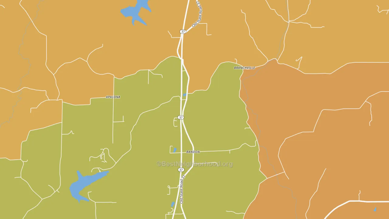 Map of the best neighborhoods in the 47514 area, with better matches in green and worse matches in red