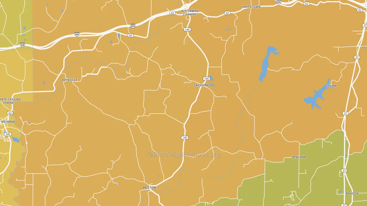 Map of the best neighborhoods in the 47515 area, with better matches in green and worse matches in red