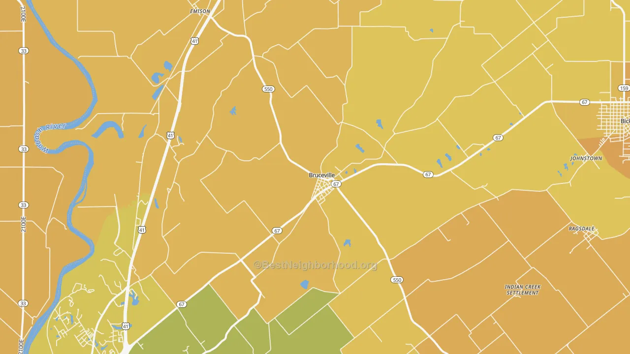 Map of the best neighborhoods in the 47516 area, with better matches in green and worse matches in red