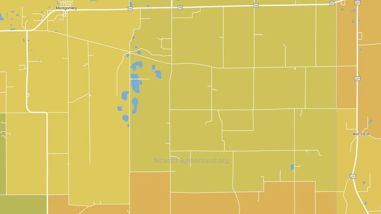 Map of the best neighborhoods in the 47519 area, with better matches in green and worse matches in red