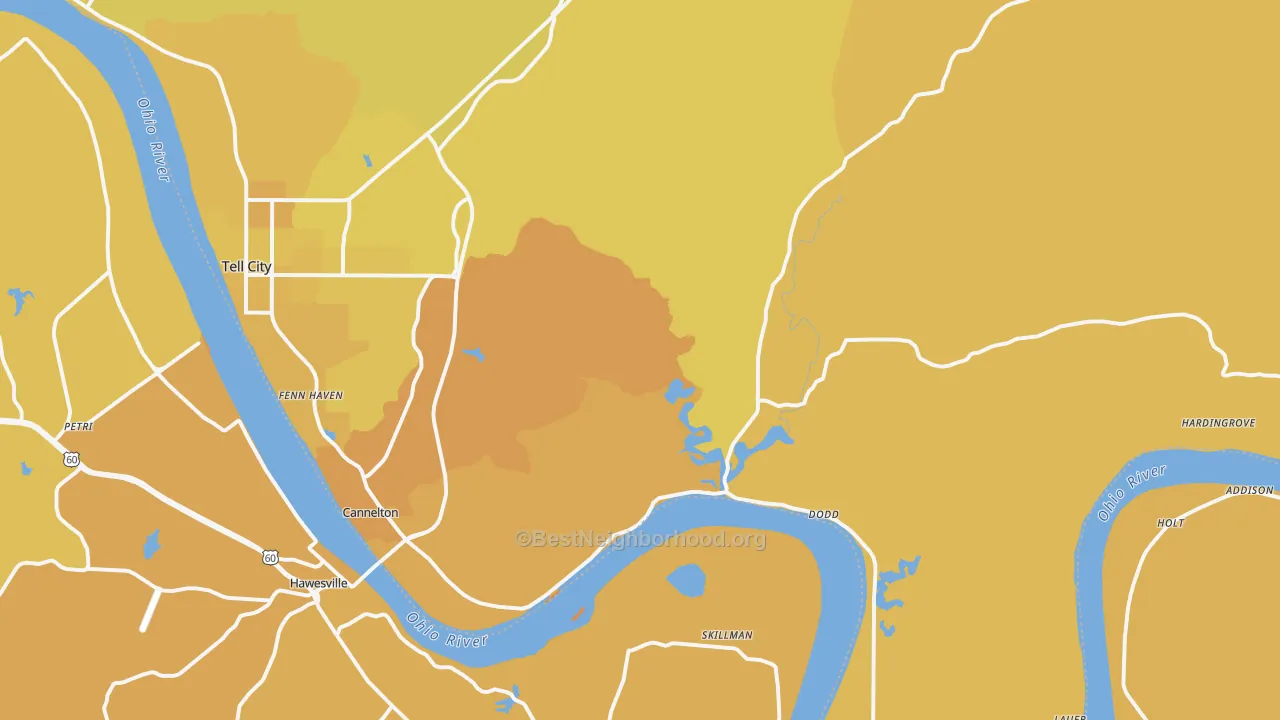 Map of the best neighborhoods in the 47520 area, with better matches in green and worse matches in red