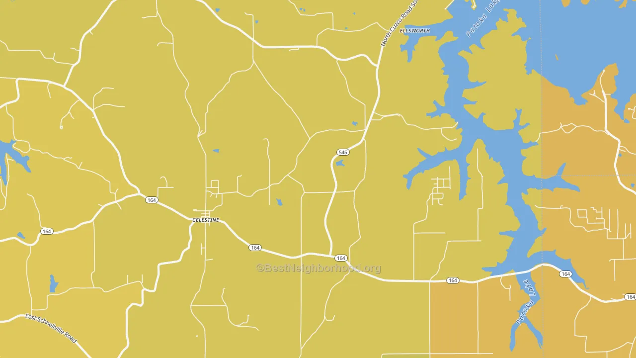 Map of the best neighborhoods in the 47521 area, with better matches in green and worse matches in red