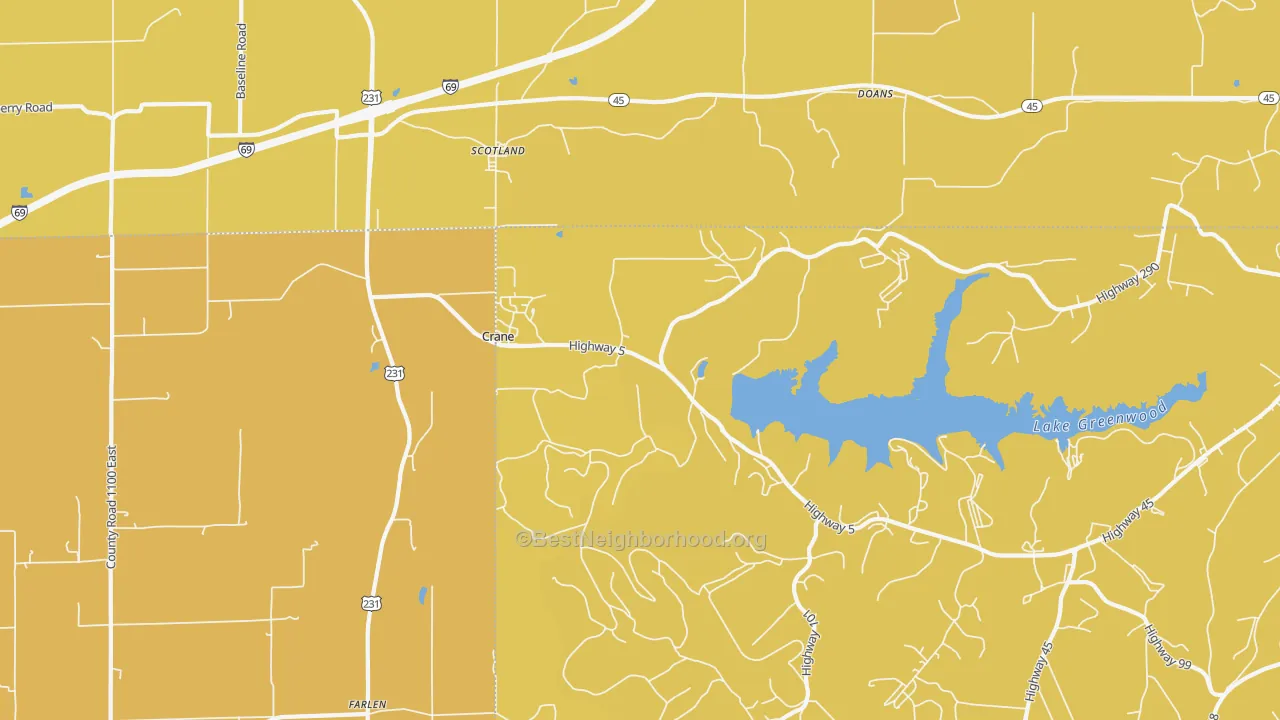 Map of the best neighborhoods in the 47522 area, with better matches in green and worse matches in red