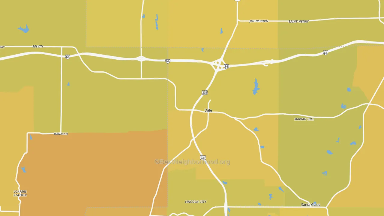 Map of the best neighborhoods in the 47523 area, with better matches in green and worse matches in red