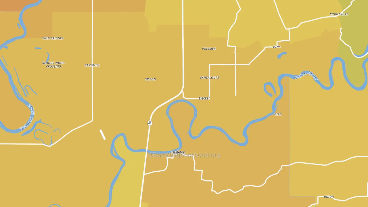 Map of the best neighborhoods in the 47524 area, with better matches in green and worse matches in red