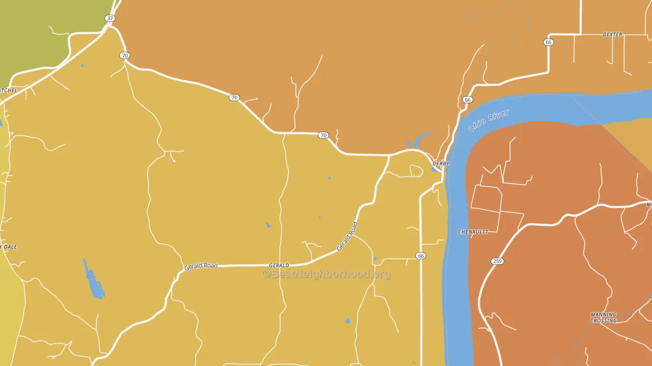 Map of the best neighborhoods in the 47525 area, with better matches in green and worse matches in red