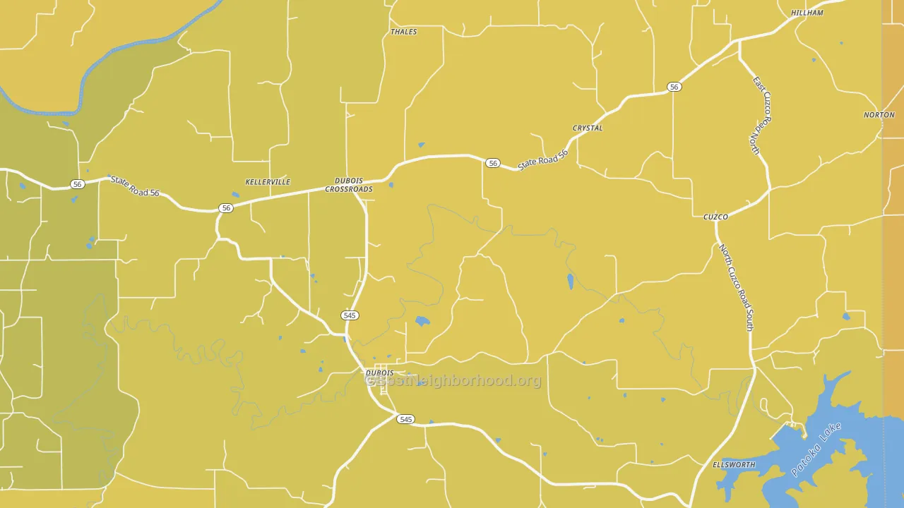 Map of the best neighborhoods in the 47527 area, with better matches in green and worse matches in red
