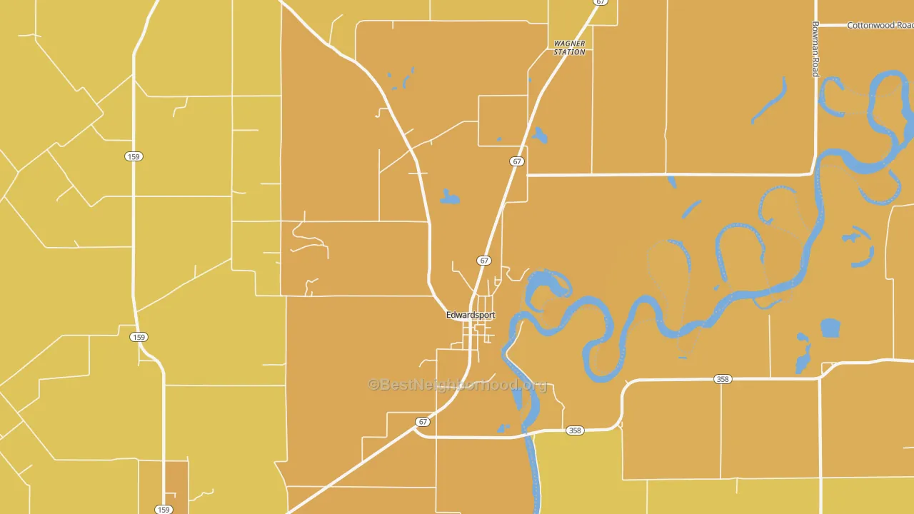 Map of the best neighborhoods in the 47528 area, with better matches in green and worse matches in red