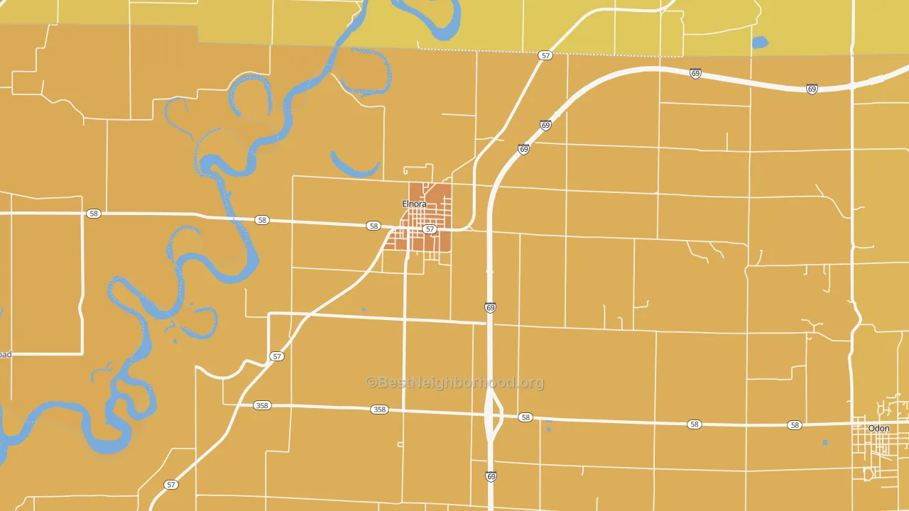 Map of the best neighborhoods in the 47529 area, with better matches in green and worse matches in red