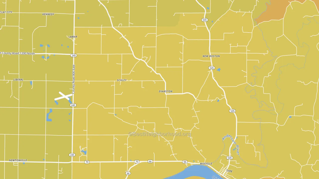 Map of the best neighborhoods in the 47531 area, with better matches in green and worse matches in red
