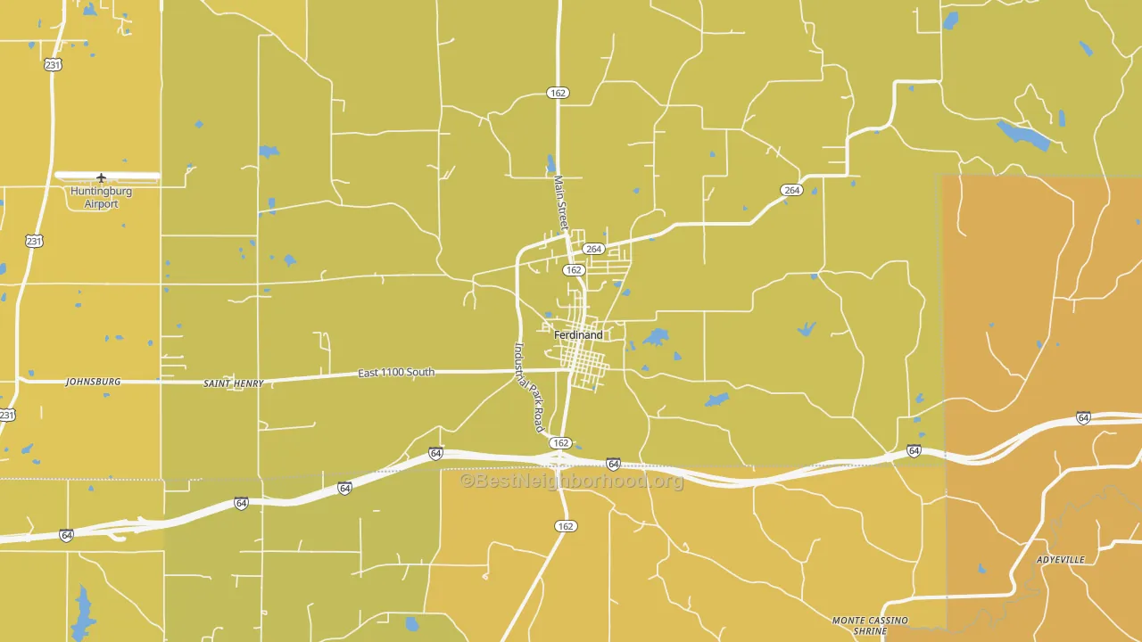 Map of the best neighborhoods in the 47532 area, with better matches in green and worse matches in red