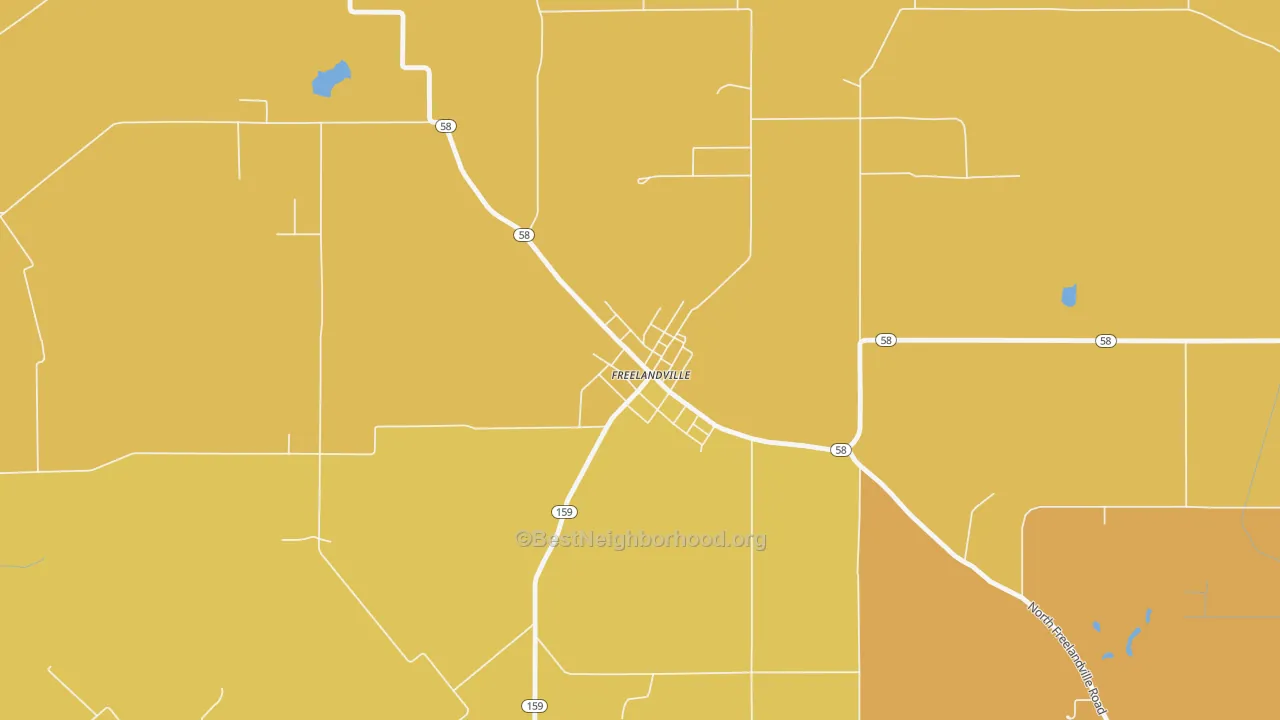 Map of the best neighborhoods in the 47535 area, with better matches in green and worse matches in red