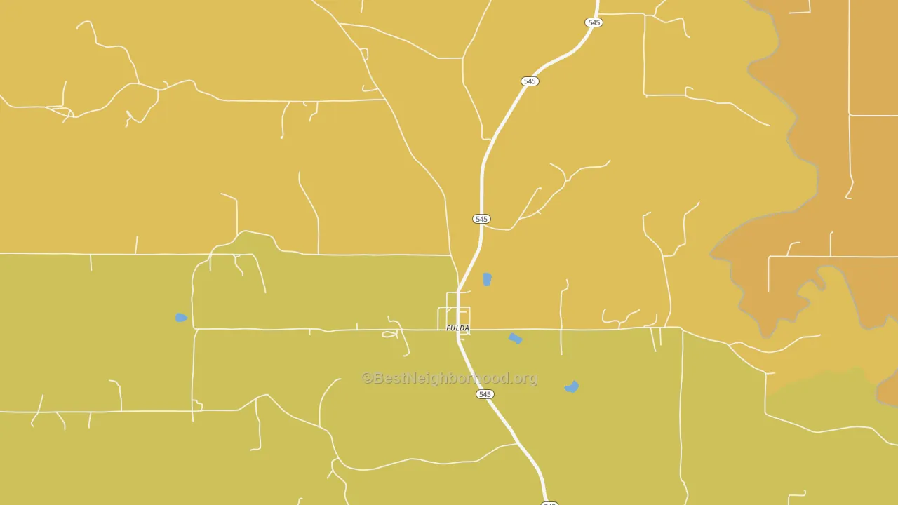 Map of the best neighborhoods in the 47536 area, with better matches in green and worse matches in red