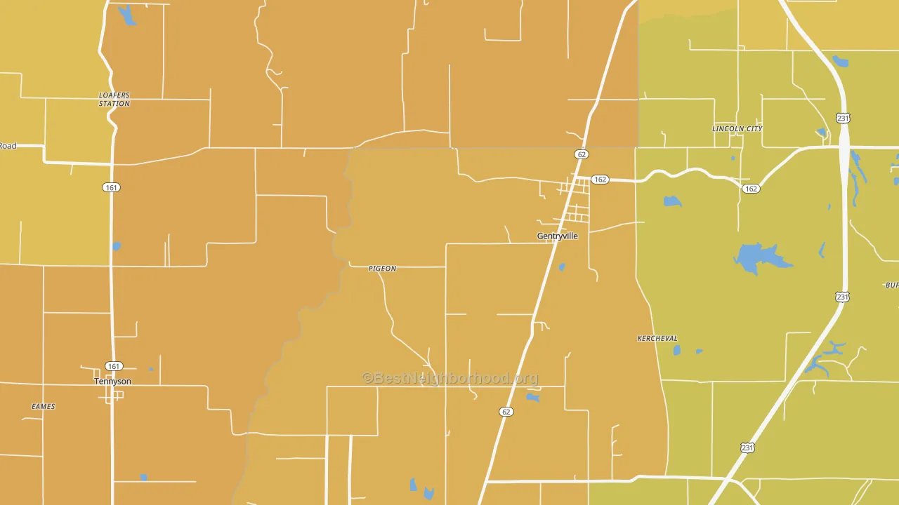 Map of the best neighborhoods in the 47537 area, with better matches in green and worse matches in red