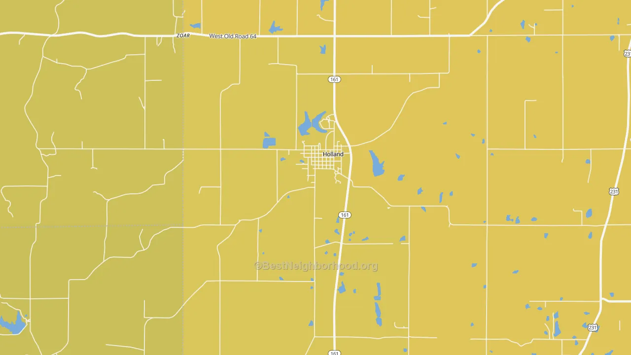 Map of the best neighborhoods in the 47541 area, with better matches in green and worse matches in red