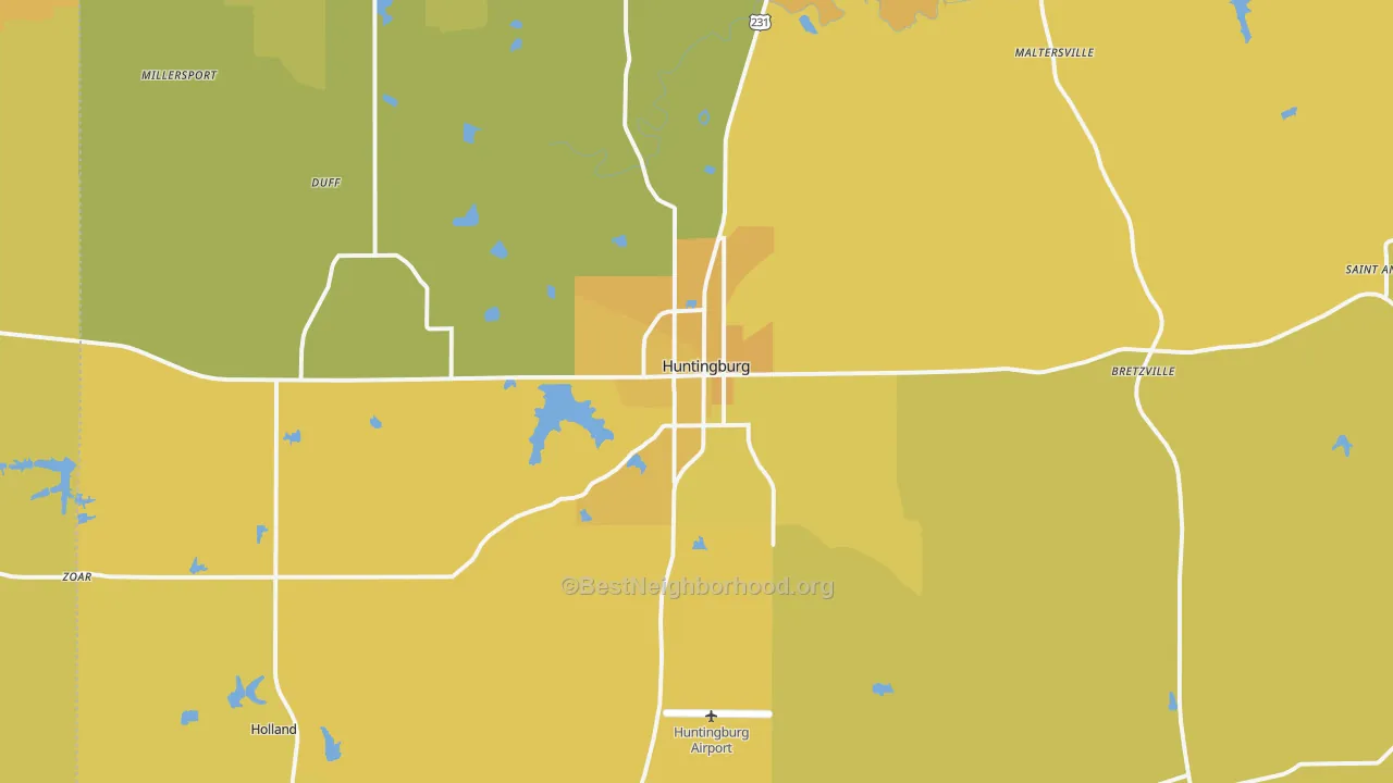 Map of the best neighborhoods in the 47542 area, with better matches in green and worse matches in red
