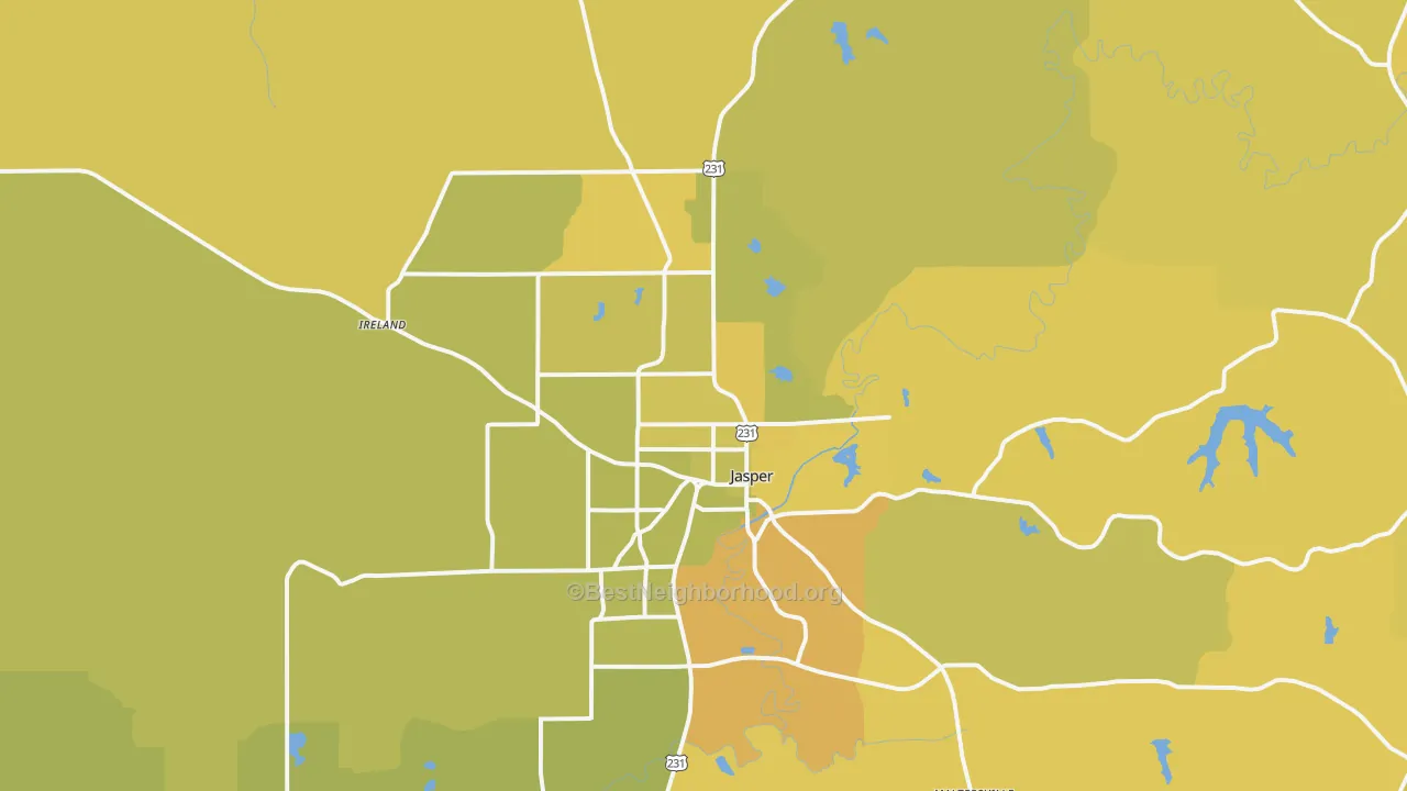 Map of the best neighborhoods in the 47546 area, with better matches in green and worse matches in red