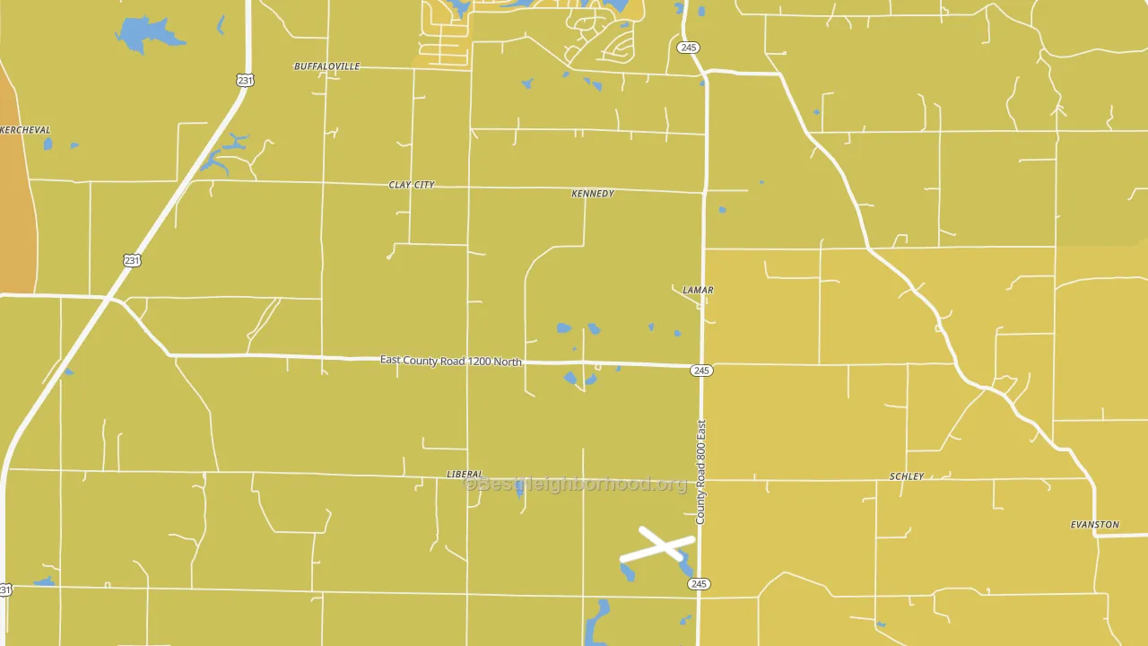 Map of the best neighborhoods in the 47550 area, with better matches in green and worse matches in red