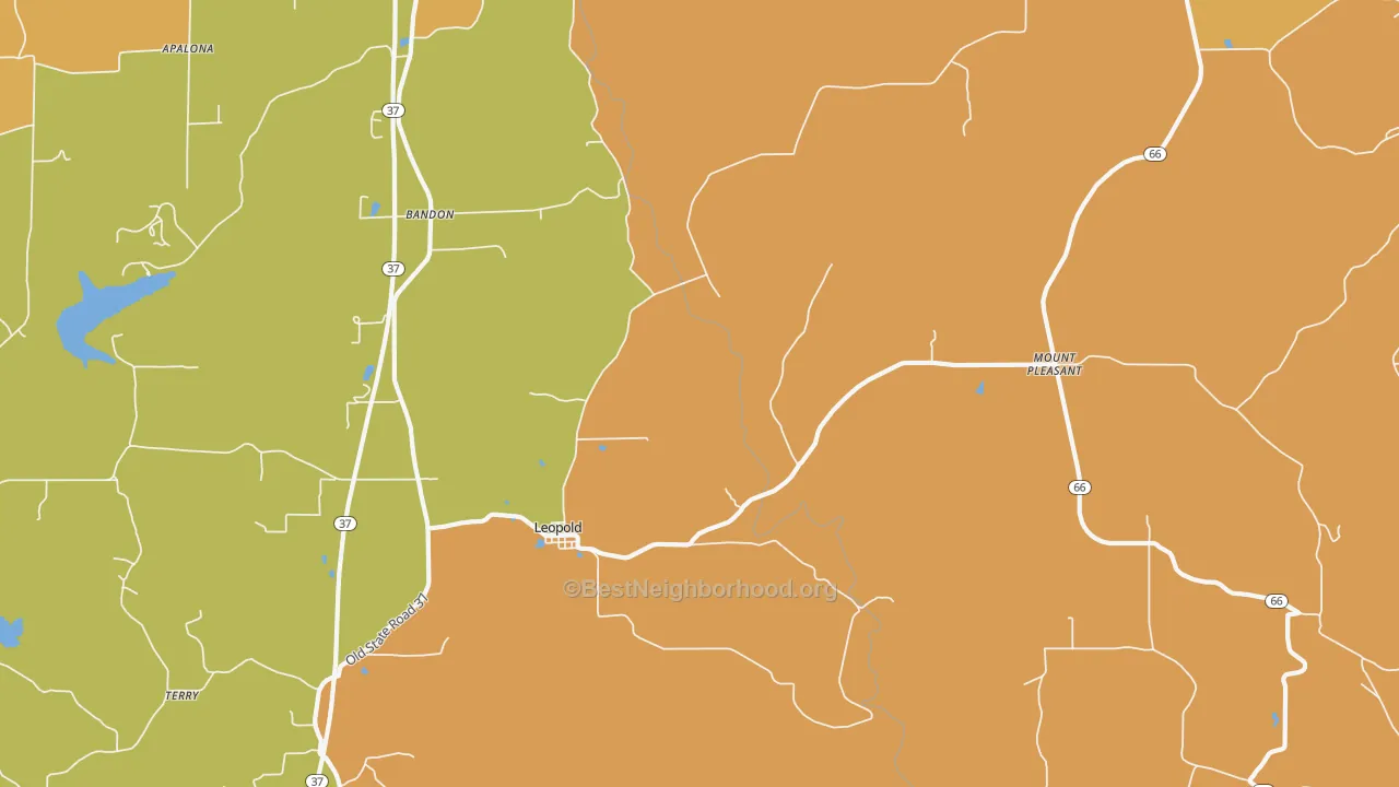 Map of the best neighborhoods in the 47551 area, with better matches in green and worse matches in red